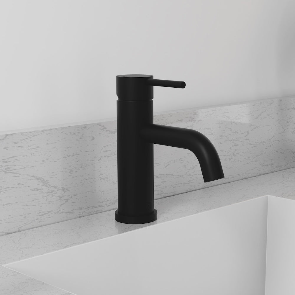 ZLINE Palisades Elegant Single Handle Bath Faucet in Matte Black (RBCN1-BF-MB) close-up, in a luxury bathroom.