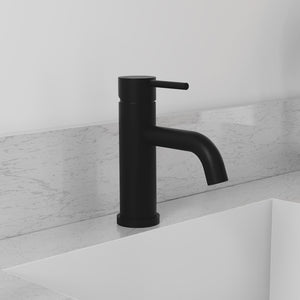 ZLINE Palisades Elegant Single Handle Bath Faucet in Matte Black (RBCN1-BF-MB) close-up, in a luxury bathroom.
