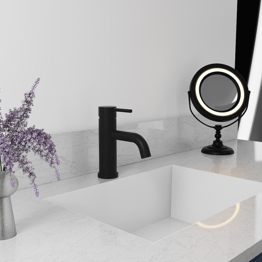 ZLINE Palisades Elegant Single Handle Bath Faucet in Matte Black (RBCN1-BF-MB) wide, in a luxury bathroom.