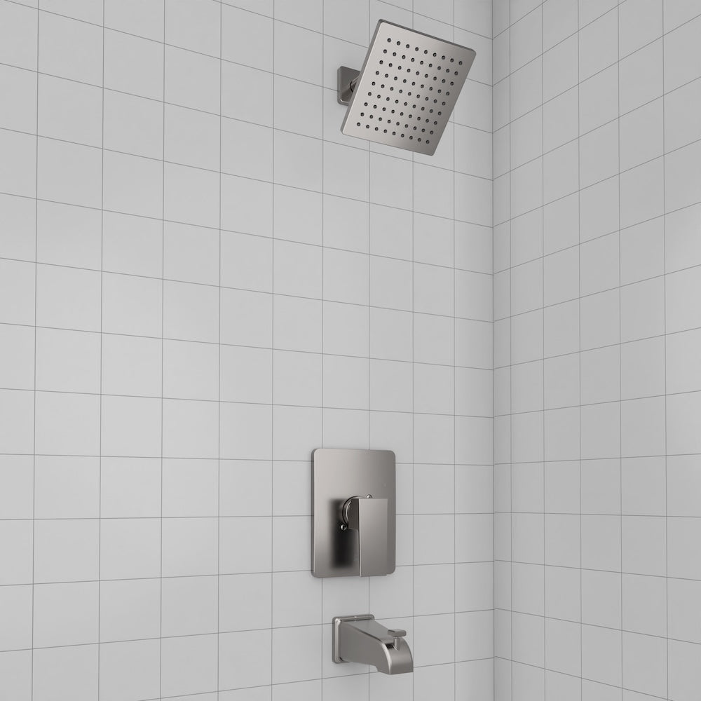 ZLINE Palisades Modern Shower System in Brushed Nickel (RBCN2-SHS-BN) in a luxury bathroom.