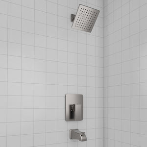 ZLINE Palisades Modern Shower System in Brushed Nickel (RBCN2-SHS-BN) in a luxury bathroom.
