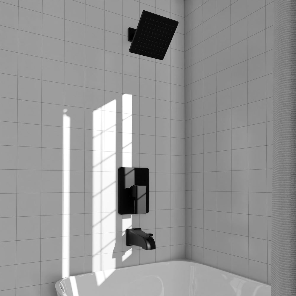 ZLINE Palisades Modern Shower System in Matte Black (RBCN2-SHS-MB) in a luxury bathroom.