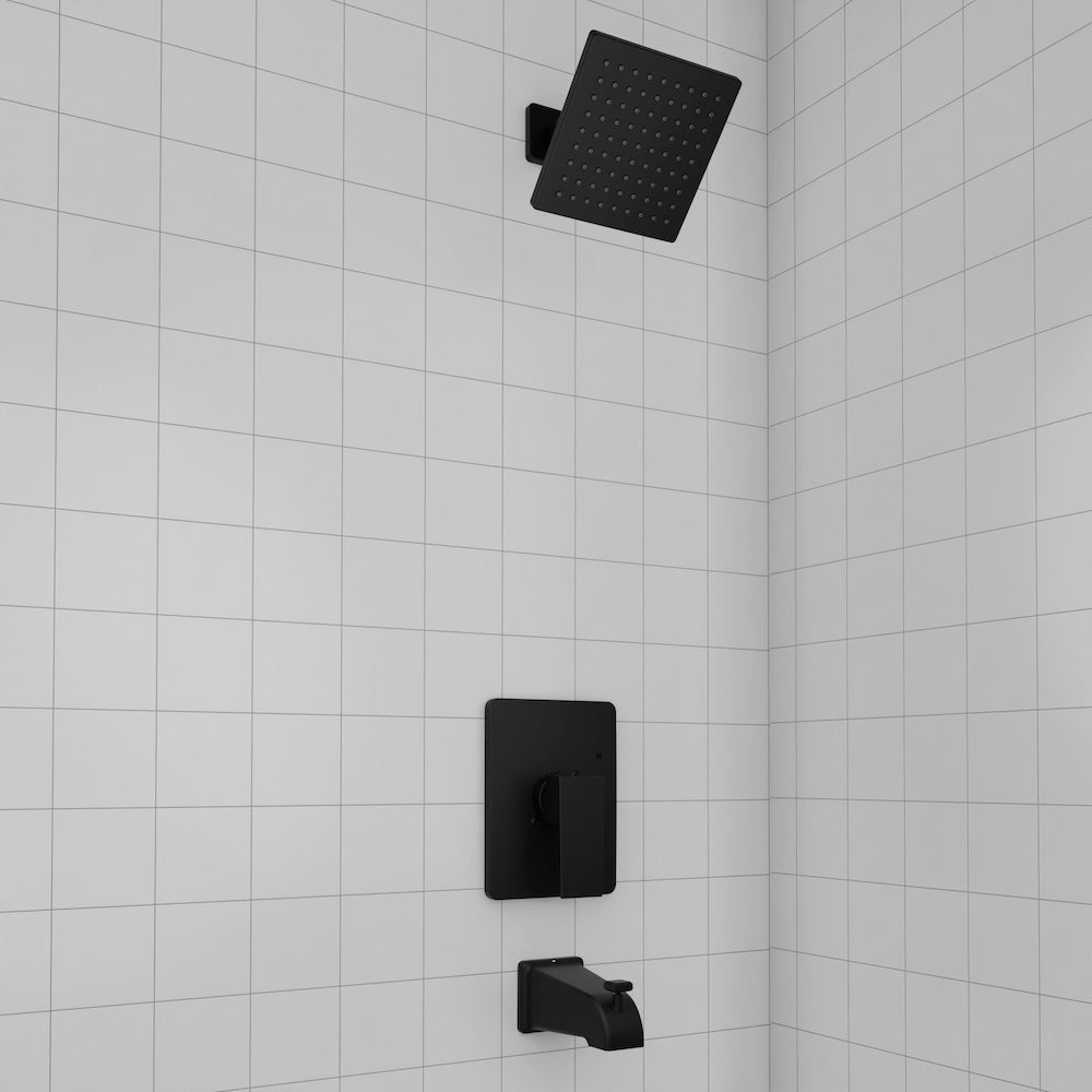 ZLINE Palisades Modern Shower System in Matte Black (RBCN2-SHS-MB) in a luxury bathroom.