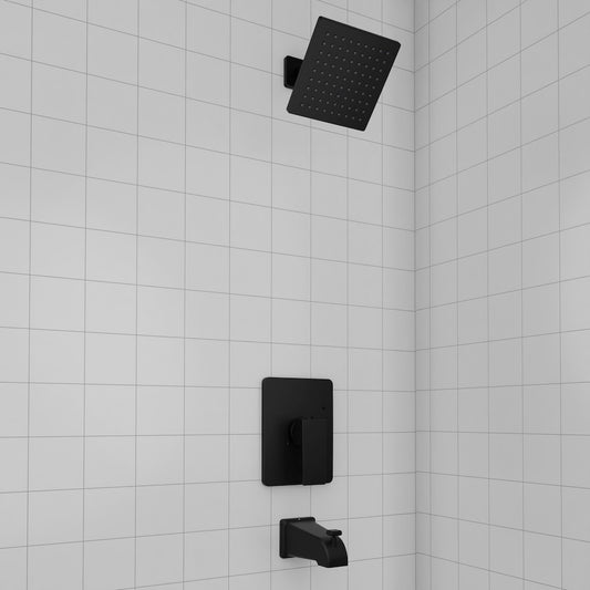 ZLINE Palisades Modern Shower System in Matte Black (RBCN2-SHS-MB) in a luxury bathroom.