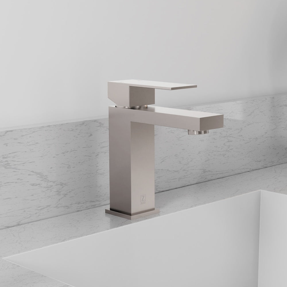 ZLINE Palisades Modern Single Handle Bath Faucet in Brushed Nickel (RBCN2-BF-BN) close-up, in a luxury bathroom.