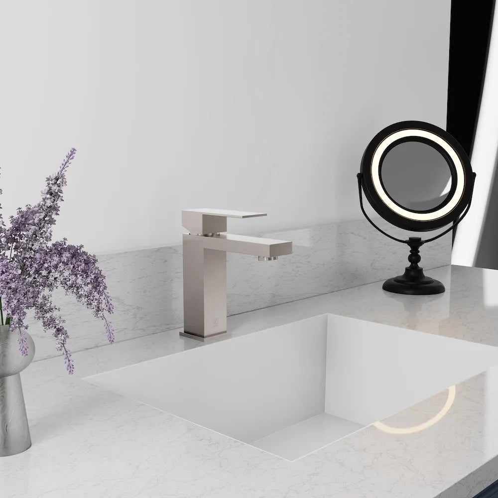 ZLINE Palisades Modern Single Handle Bath Faucet in Brushed Nickel (RBCN2-BF-BN) wide, in a luxury bathroom.