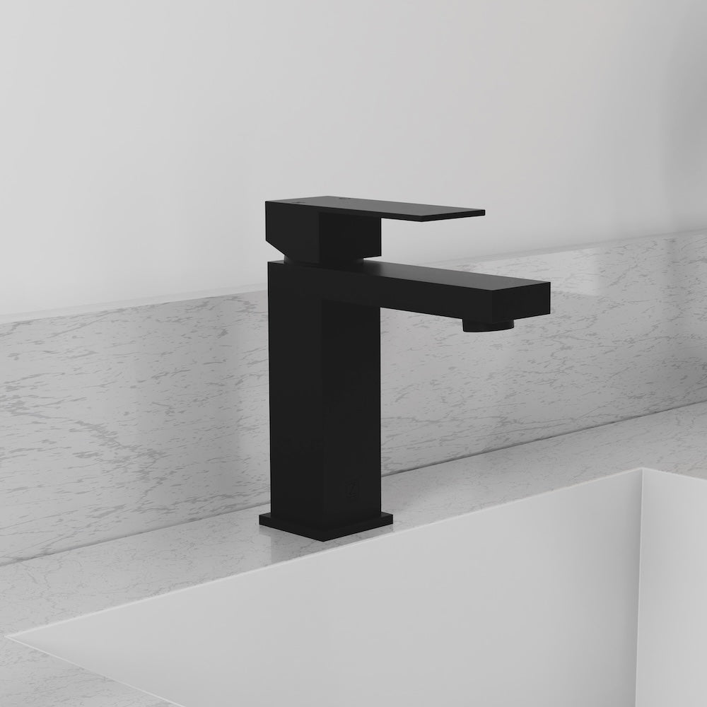 ZLINE Palisades Modern Single Handle Bath Faucet in Matte Black (RBCN2-BF-MB) close-up, in a luxury bathroom.