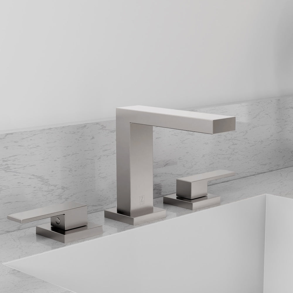 ZLINE Palisades Modern Widespread Bath Faucet in Brushed Nickel (RBCN3-BF-BN) close-up, in a luxury bathroom.