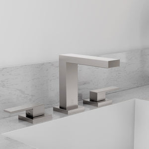 ZLINE Palisades Modern Widespread Bath Faucet in Brushed Nickel (RBCN3-BF-BN) close-up, in a luxury bathroom.