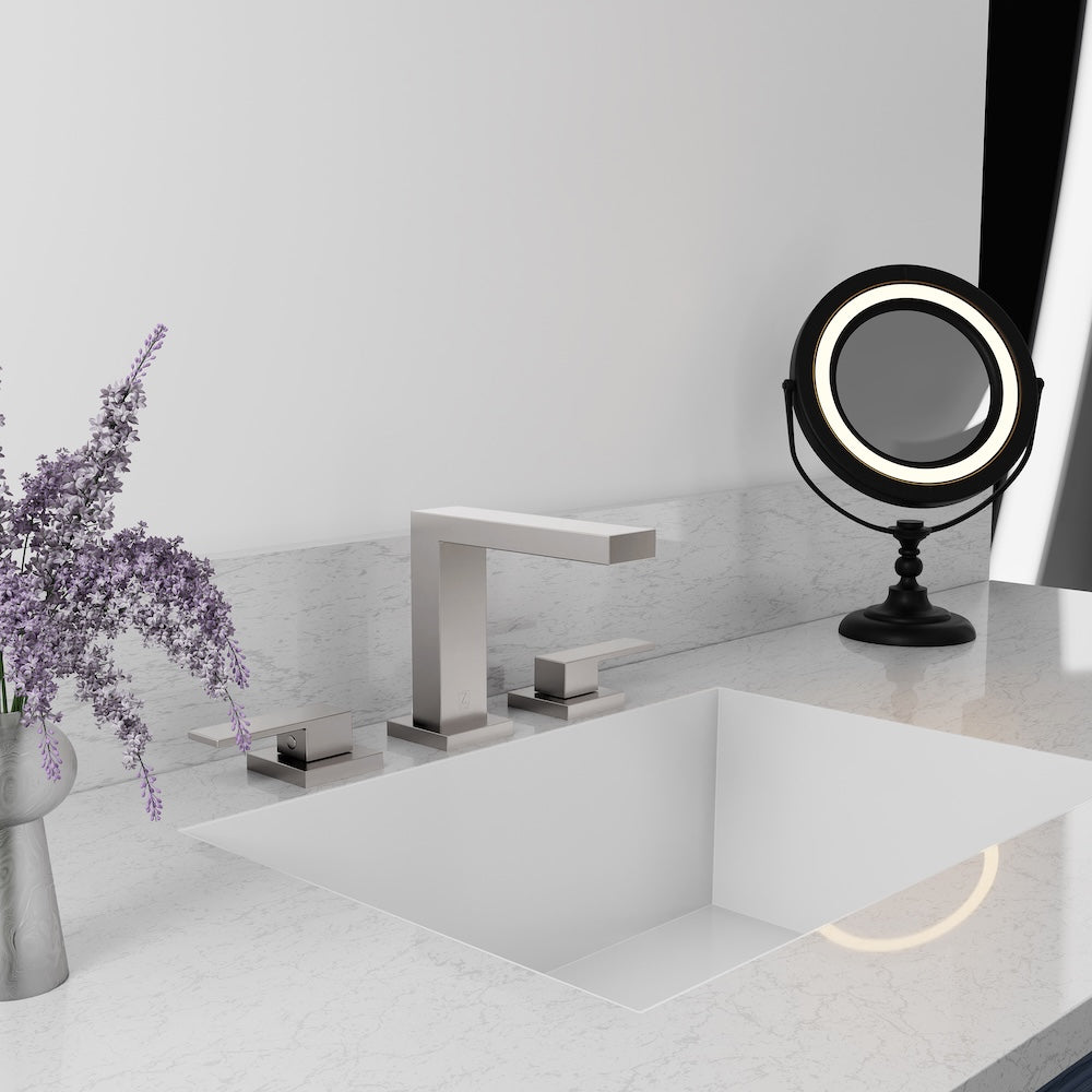 ZLINE Palisades Modern Widespread Bath Faucet in Brushed Nickel (RBCN3-BF-BN) wide, in a luxury bathroom.