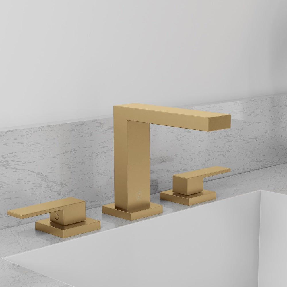 ZLINE Palisades Modern Widespread Bath Faucet in Champagne Bronze (RBCN3-BF-CB) close-up, in a luxury bathroom.