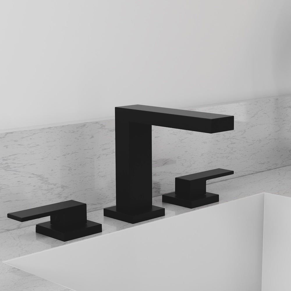 ZLINE Palisades Modern Widespread Bath Faucet in Matte Black (RBCN3-BF-MB) close-up, in a luxury bathroom.