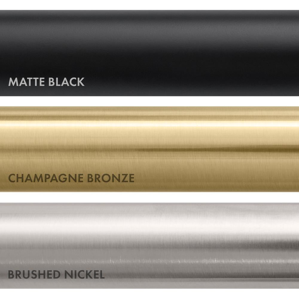 ZLINE Palisades Plumbing Finish Comparison. Top: Matte Black. Center: Champagne Bronze. Bottom: Brushed Nickel.
