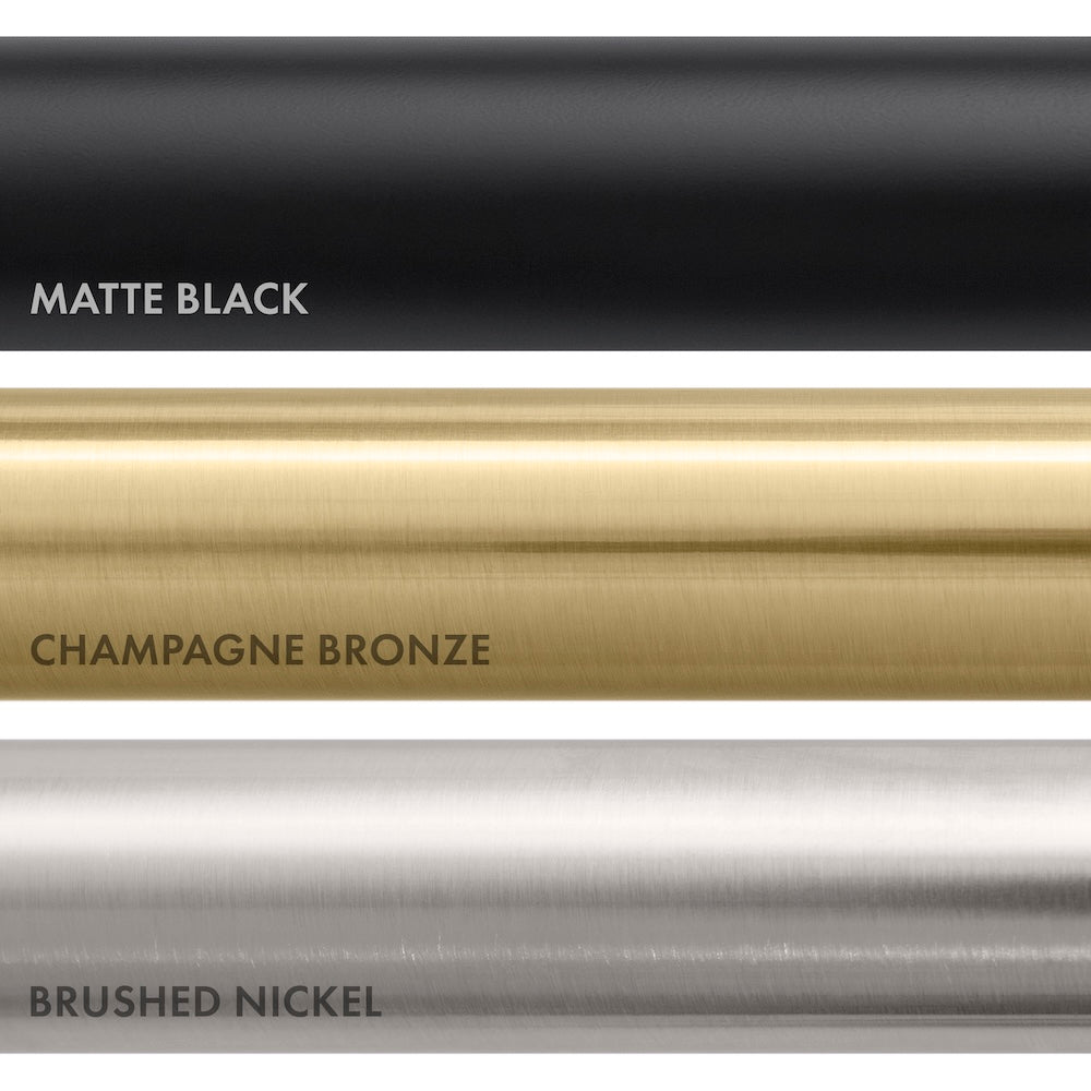 ZLINE Palisades Plumbing Finish Comparison. Top: Matte Black. Center: Champagne Bronze. Bottom: Brushed Nickel.