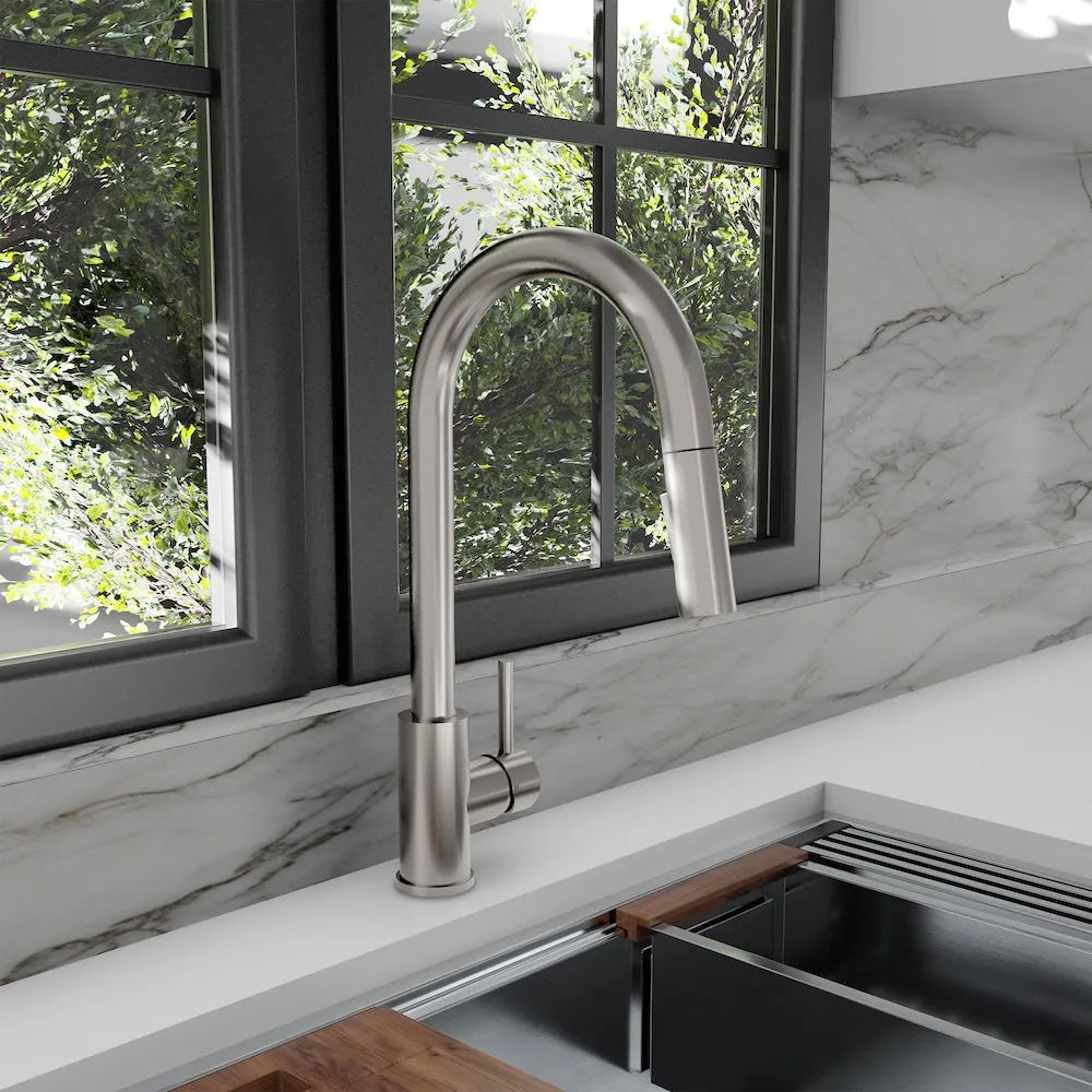 ZLINE Palisades Pull Down Single Handle Kitchen Faucet in Brushed Nickel (RBCN1-KF-BN) in a luxury kitchen.