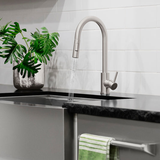 ZLINE Palisades Pull Down Single Handle Kitchen Faucet in Brushed Nickel (RBCN1-KF-BN) in a luxury kitchen, water on.