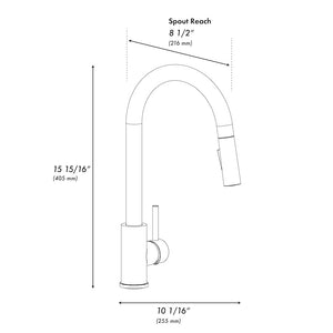 ZLINE Palisades Pull Down Single Handle Kitchen Faucet in Champagne Bronze (RBCN1-KF-CB) dimensional diagram.