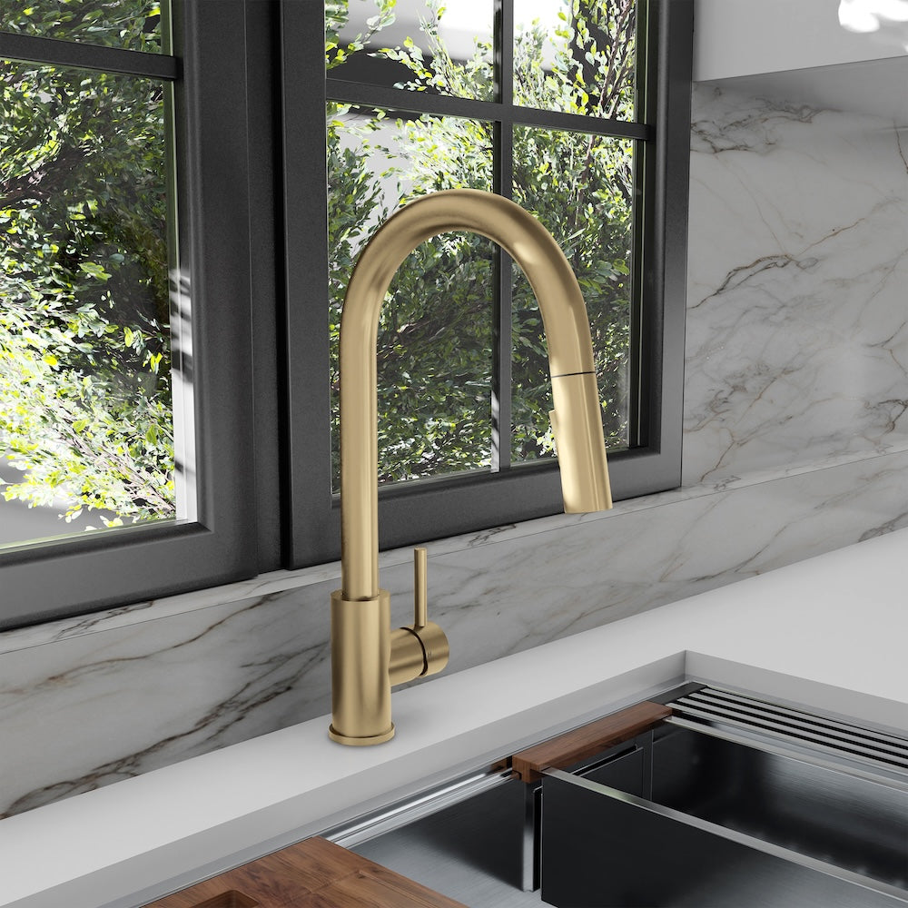 ZLINE Palisades Pull Down Single Handle Kitchen Faucet in Champagne Bronze (RBCN1-KF-CB) in a luxury kitchen.