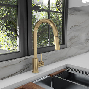 ZLINE Palisades Pull Down Single Handle Kitchen Faucet in Champagne Bronze (RBCN1-KF-CB) in a luxury kitchen.