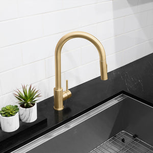 ZLINE Palisades Pull Down Single Handle Kitchen Faucet in Champagne Bronze (RBCN1-KF-CB) in a luxury kitchen, from above.