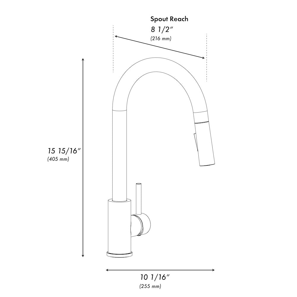 ZLINE Palisades Pull Down Single Handle Kitchen Faucet in Matte Black (RBCN1-KF-MB) dimensional diagram.