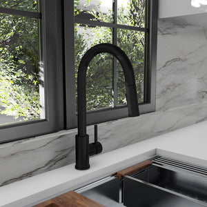 ZLINE Palisades Pull Down Single Handle Kitchen Faucet in Matte Black (RBCN1-KF-MB) in a luxury kitchen.