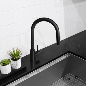 ZLINE Palisades Pull Down Single Handle Kitchen Faucet in Matte Black (RBCN1-KF-MB) in a luxury kitchen, from above.