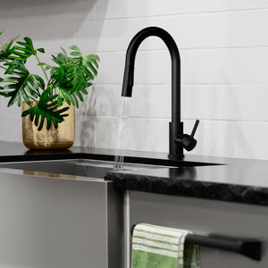 ZLINE Palisades Pull Down Single Handle Kitchen Faucet in Matte Black (RBCN1-KF-MB) in a luxury kitchen, water on.
