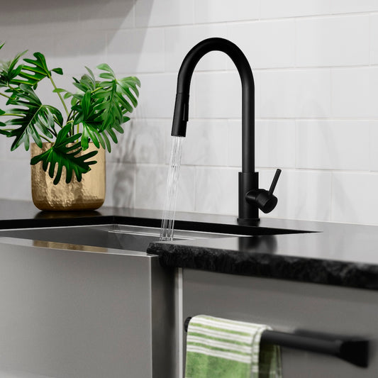 ZLINE Palisades Pull Down Single Handle Kitchen Faucet in Matte Black (RBCN1-KF-MB) in a luxury kitchen, water on.