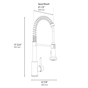 ZLINE Palisades Pull Down Spring Spray Wand Kitchen Faucet in Brushed Nickel (RBCN2-KF-BN) dimensional diagram.
