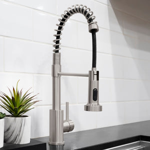 ZLINE Palisades Pull Down Spring Spray Wand Kitchen Faucet in Brushed Nickel (RBCN2-KF-BN) in a kitchen setting.