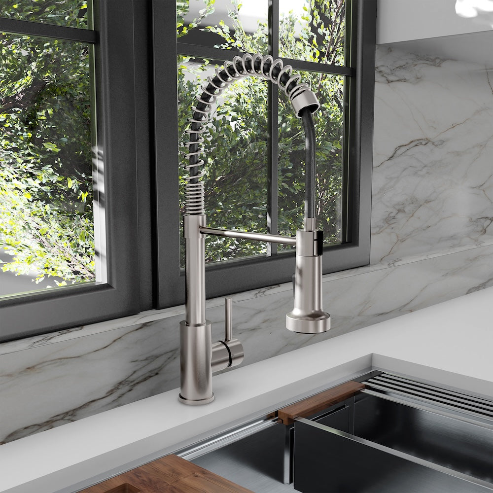 ZLINE Palisades Pull Down Spring Spray Wand Kitchen Faucet in Brushed Nickel (RBCN2-KF-BN) in a luxury kitchen.
