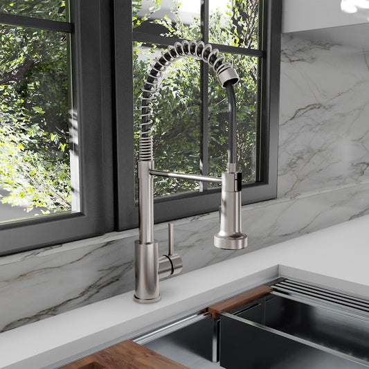 ZLINE Palisades Pull Down Spring Spray Wand Kitchen Faucet in Brushed Nickel (RBCN2-KF-BN) in a luxury kitchen.