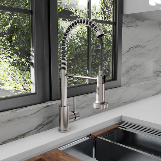 Luxury kitchen faucet with ZLINE Palisades Pull Down Spring Spray Wand Kitchen Faucet in Brushed Nickel (RBCN2-KF-BN) in a marble countertop setting