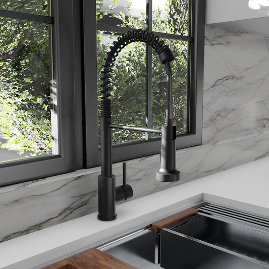 ZLINE Palisades Pull Down Spring Spray Wand Kitchen Faucet in Matte Black (RBCN2-KF-MB) in a luxury kitchen.