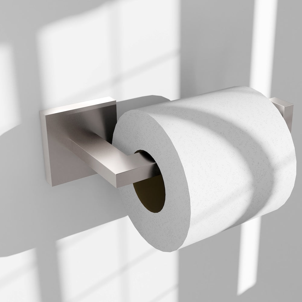 ZLINE Palisades Toilet Paper Holder in Brushed Nickel (RBCN1-TP-BN) in a luxury bathroom, with paper roll.