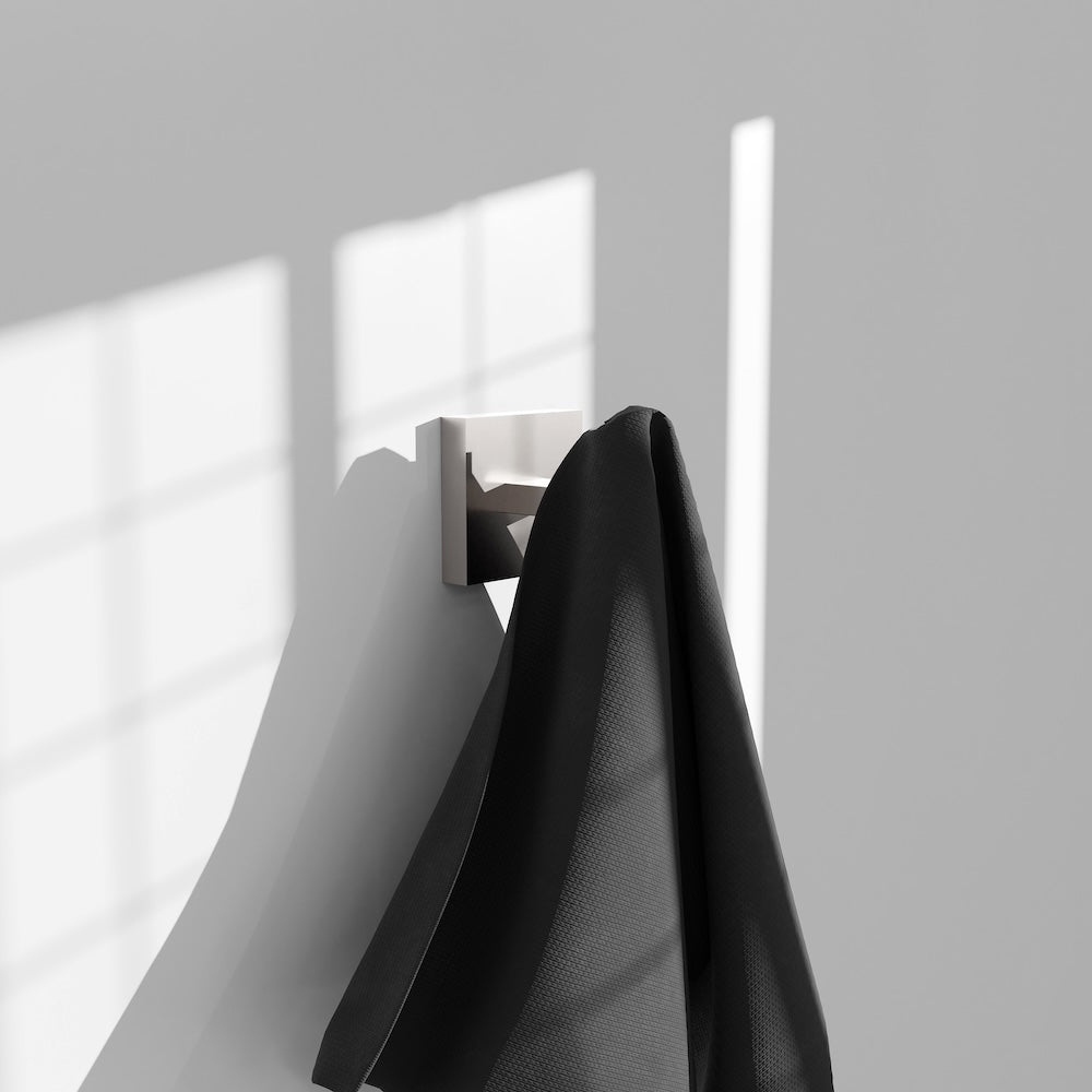 ZLINE Palisades Towel Hook in Brushed Nickel (RBCN1-HK-BN) in a luxury bathroom, with towel.