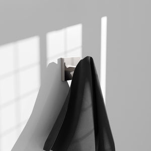 ZLINE Palisades Towel Hook in Brushed Nickel (RBCN1-HK-BN) in a luxury bathroom, with towel.