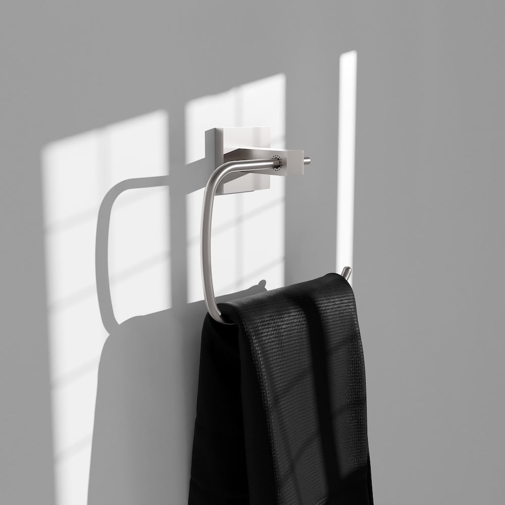 ZLINE Palisades Towel Ring in Brushed Nickel (RBCN1-TRNG-BN) in a luxury bathroom, with towel.