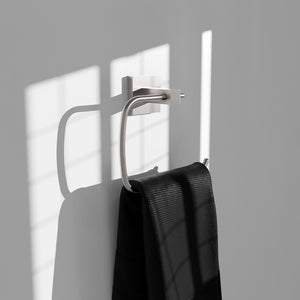 ZLINE Palisades Towel Ring in Brushed Nickel (RBCN1-TRNG-BN) in a luxury bathroom, with towel.