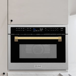 ZLINE Autograph Edition 24 in. 1.6 cu ft. Built-in Convection Microwave Oven in Satin Stainless Steel with Polished Gold Accents (MWOZ-24-SS-G) in a luxury kitchen.
