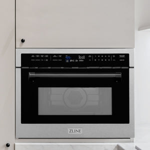 ZLINE Autograph Edition 24 in. 1.6 cu ft. Built-in Convection Microwave Oven in Satin Stainless Steel with Matte Black Accents (MWOZ-24-SS-MB) in a luxury kitchen.