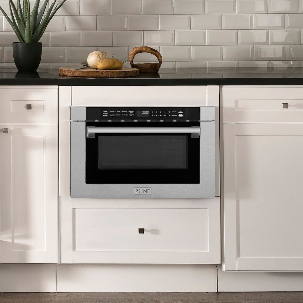 ZLINE 24 in. 1.2 cu. ft. Built-in Microwave Drawer with a Traditional Handle in Satin Stainless Steel (MWD-1-SS-H) in a luxury kitchen.