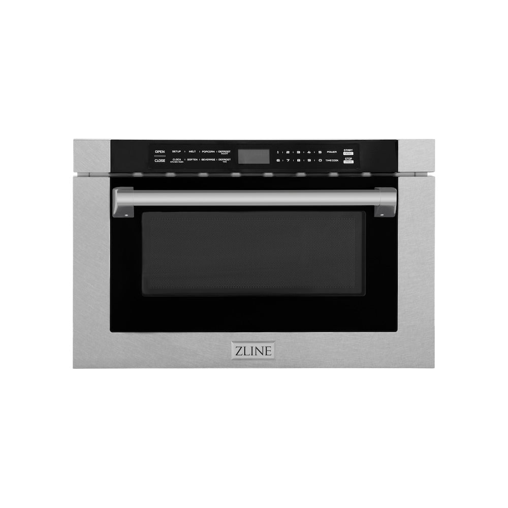 ZLINE 24 in. 1.2 cu. ft. Built-in Microwave Drawer with a Traditional Handle in Satin Stainless Steel (MWD-1-SS-H) front.