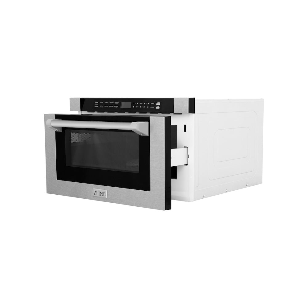 ZLINE 24 in. 1.2 cu. ft. Built-in Microwave Drawer with a Traditional Handle in Satin Stainless Steel (MWD-1-SS-H) side, open.