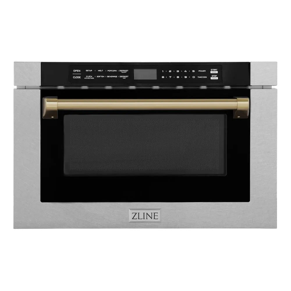 ZLINE Autograph Edition 24 in. 1.2 cu. ft. Built-in Microwave Drawer with a Traditional Handle in Satin Stainless Steel and Champagne Bronze Accents (MWDZ-1-SS-H-CB) main image.