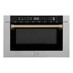 ZLINE Autograph Edition 24 in. 1.2 cu. ft. Built-in Microwave Drawer with a Traditional Handle in Satin Stainless Steel and Champagne Bronze Accents (MWDZ-1-SS-H-CB) main image.