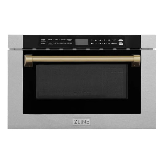 ZLINE Autograph Edition 24 in. 1.2 cu. ft. Built-in Microwave Drawer with a Traditional Handle in Satin Stainless Steel and Champagne Bronze Accents (MWDZ-1-SS-H-CB) main image.