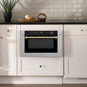 ZLINE Autograph Edition 24 in. 1.2 cu. ft. Built-in Microwave Drawer with a Traditional Handle in Satin Stainless Steel and Champagne Bronze Accents (MWDZ-1-SS-H-CB) in a luxury kitchen.