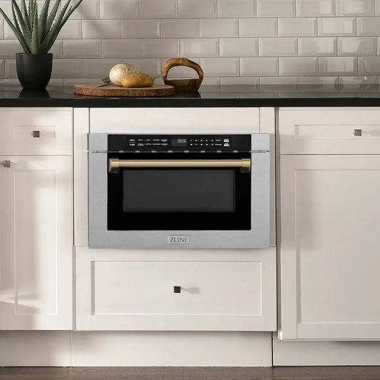 ZLINE Autograph Edition 24 in. 1.2 cu. ft. Built-in Microwave Drawer with a Traditional Handle in Satin Stainless Steel and Champagne Bronze Accents (MWDZ-1-SS-H-CB) in a luxury kitchen.